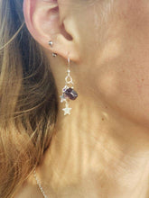 Load image into Gallery viewer, Handcrafted silver wire earrings with amethyst gemstone and silver stars. 
